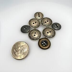 Lot 8 Vintage Brass & Silver Tone Metal 2-hole Buttons Heavy Ornate Aztec Geomet